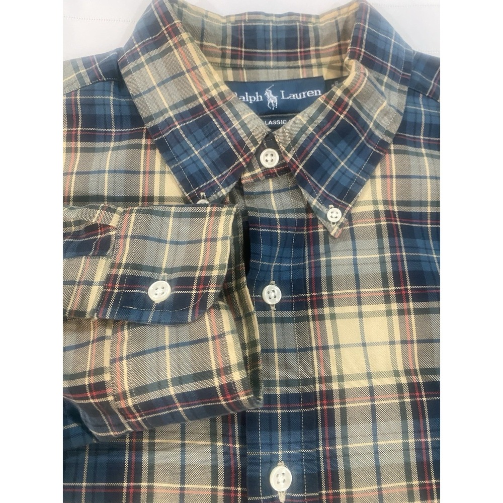 Ralph Lauren Classic Fit Mens Large Blue Tan Plaid Button Down Long Sleeve Shirt